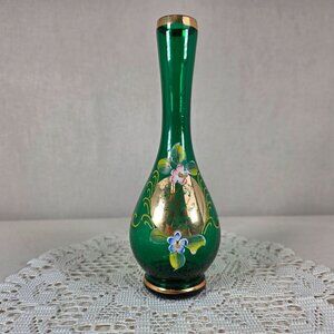 Vintage Nasco Japan Green Glass Bud Vase With Gold & Hand-Painted Floral Design